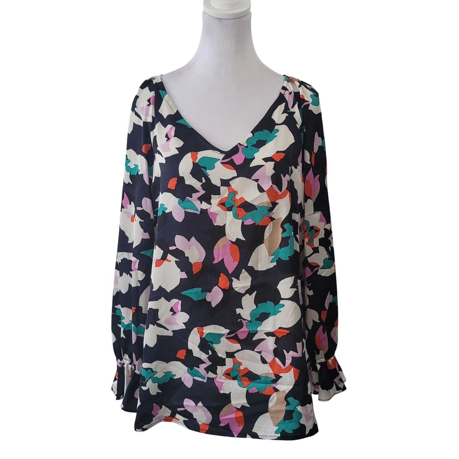 Bar Iii Women Xl Blouse Navy Blue Multi Abstract Floral Ruffle Cuff V-Neck Top